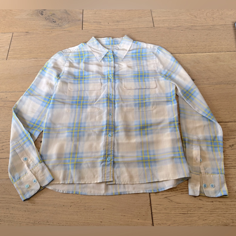 Equipment Femme Silk Plaid Button Down Shirt Blue Yellow Cream Size: XS‎ (760)